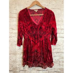 Energe Babydoll Top Womens Large Cherry Red Velvet Boho Pleat Waist Medallions